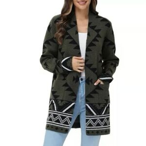 Frye Women's Olive Green and Black Patterned Open Front Cozy 2 Pocket Sweater SM